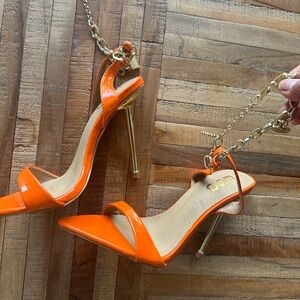 Ego heels, never worn, orange, with gold chain ankle strap